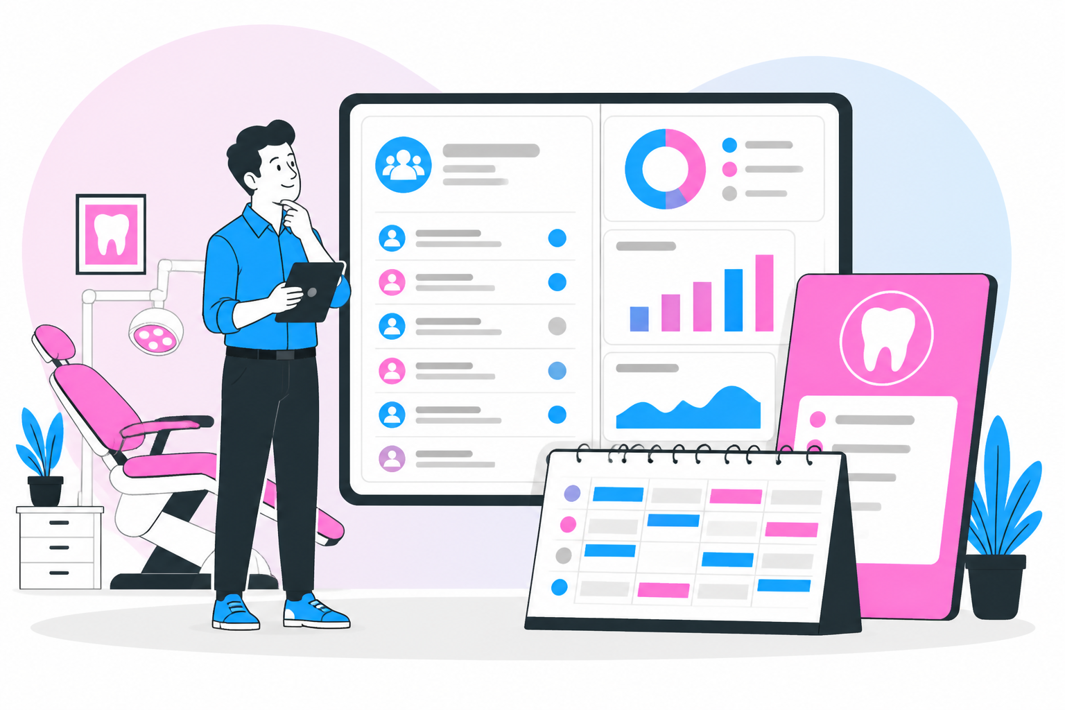 Illustration of 30k — business owner reviewing a membership plan dashboard, header image for "30k"