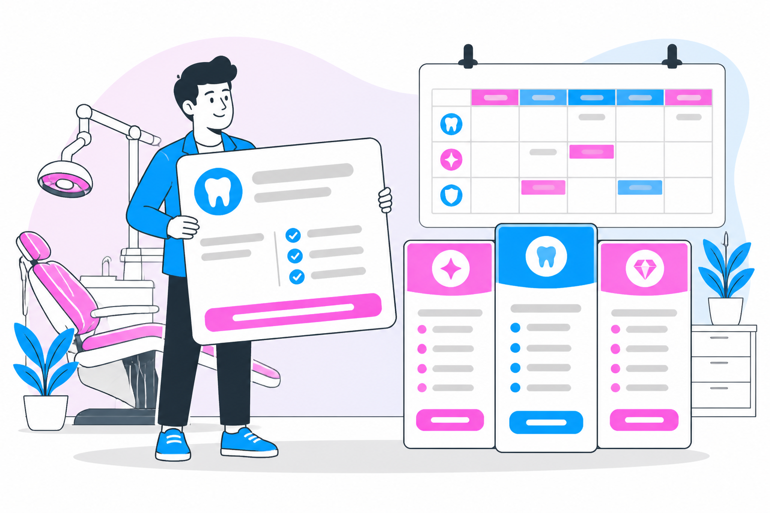 Illustration of a dental membership program — business owner reviewing a membership plan dashboard, header image for "What is a dental membership program"