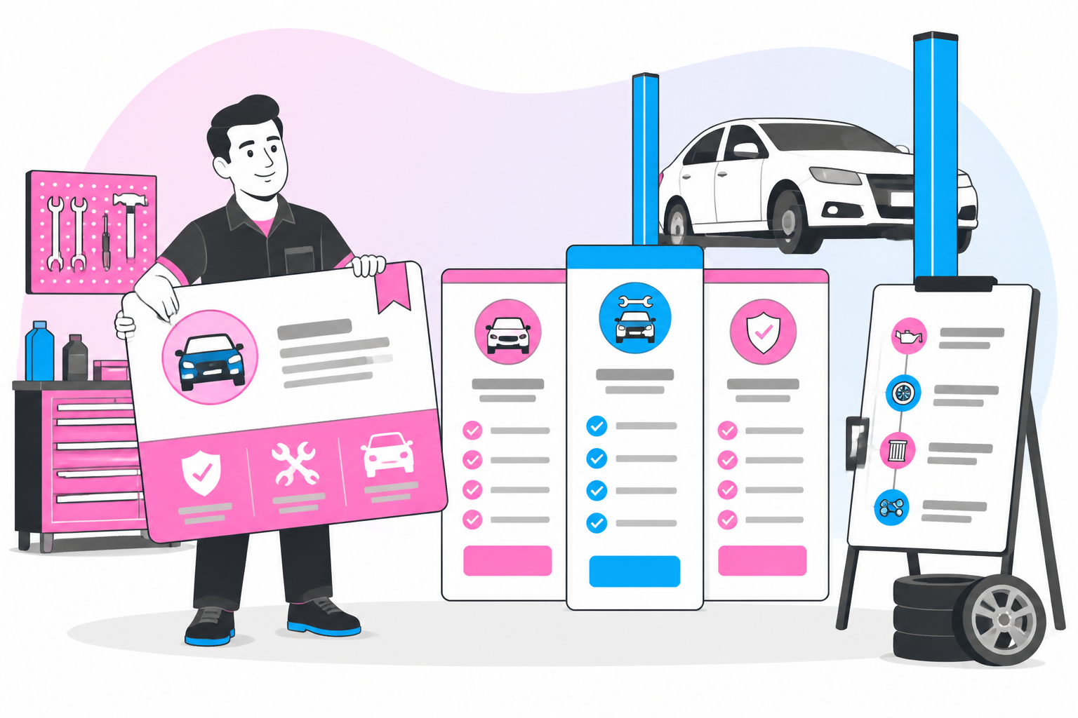 Illustration of auto repair membership billing — shop owner reviewing a membership plan dashboard, header image for "Auto Repair Membership Billing: Getting Recurring Payments Right"