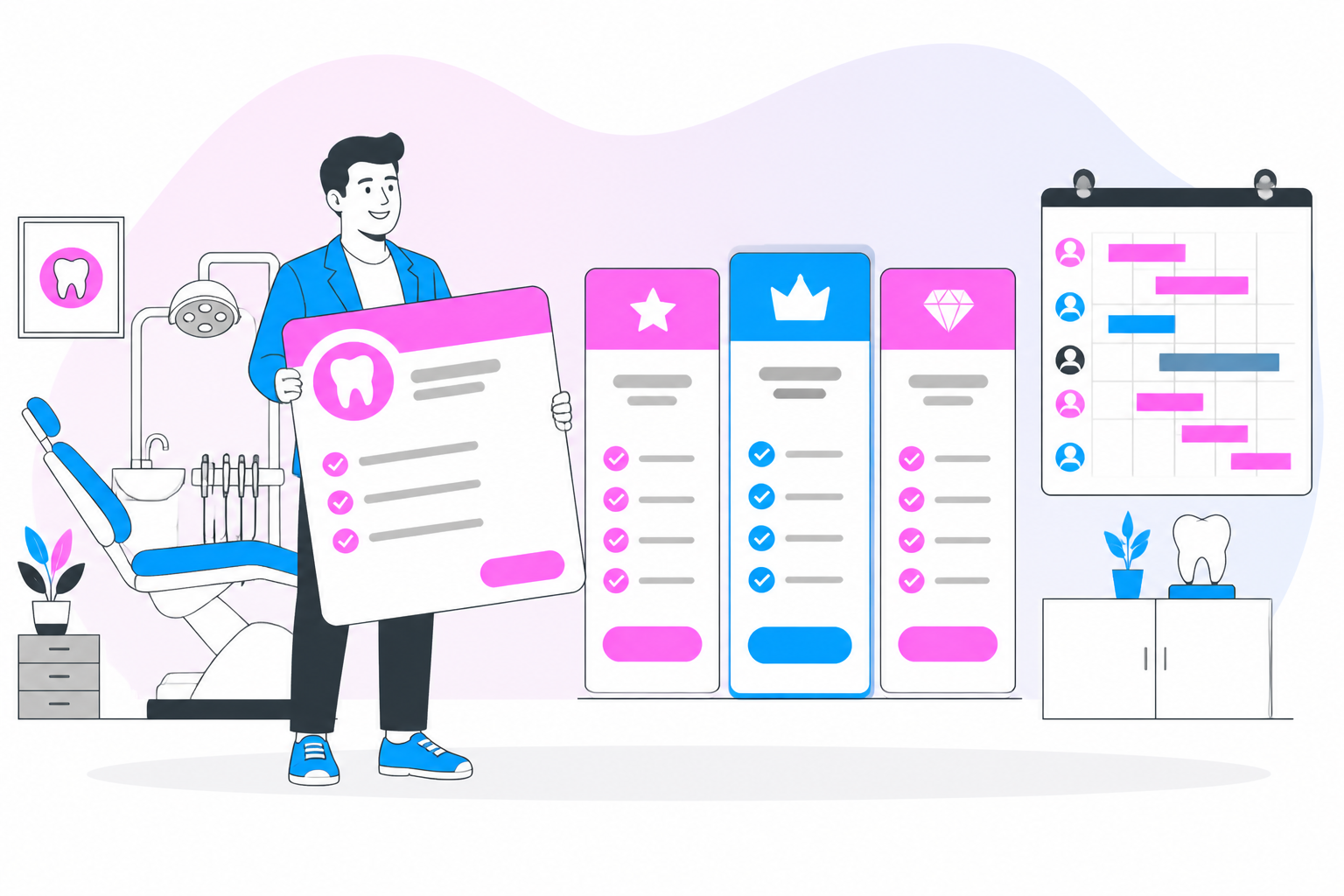 Illustration of automating dental membership enrollment — business owner reviewing a membership plan dashboard, header image for "Automating Dental Membership Enrollment: 5 Steps to More Patients"