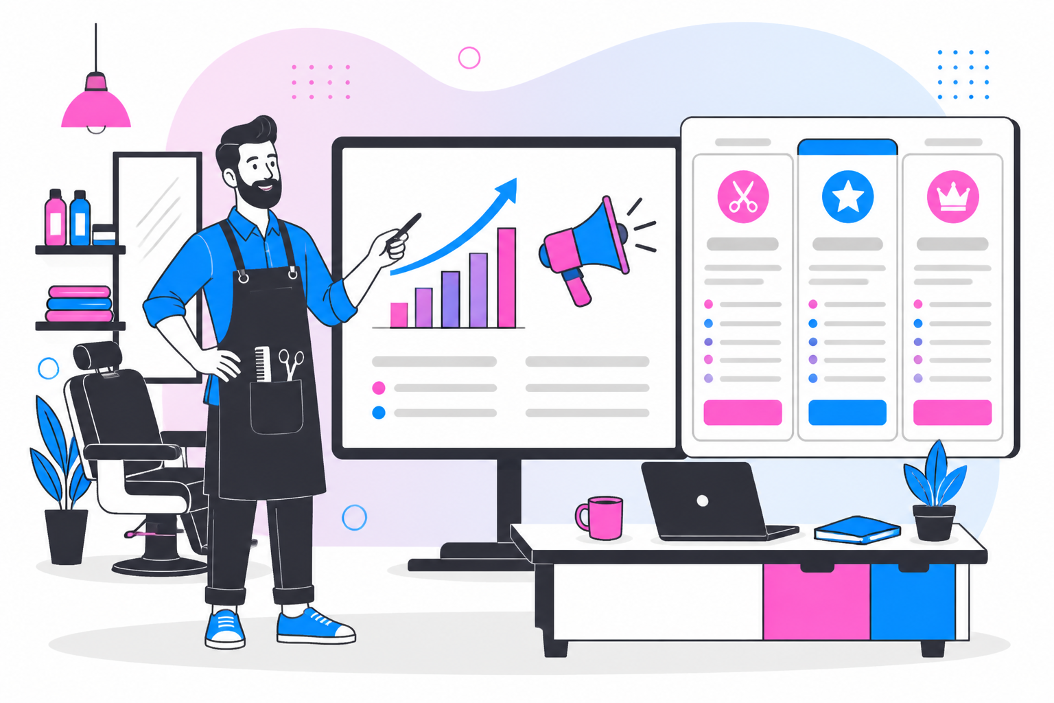 Illustration of barbershop business plan — barbershop owner reviewing a membership plan dashboard, header image for "Barbershop Business Plan: Revenue Model, Costs, and Projections"