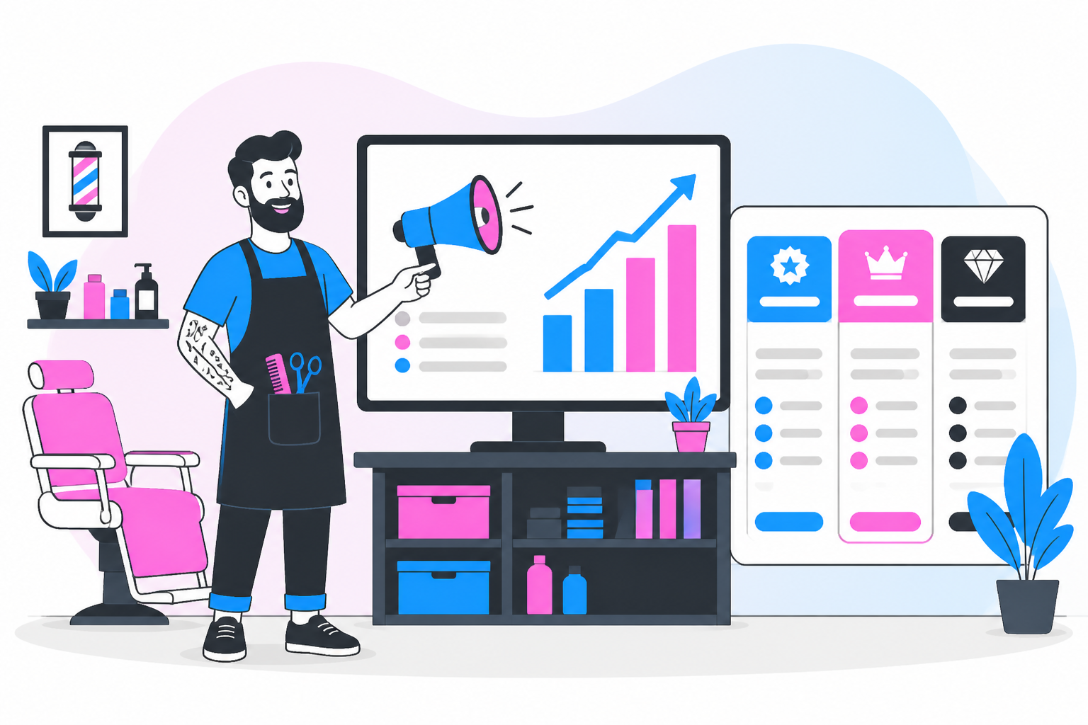 Illustration of barbershop marketing ideas — barbershop owner reviewing a membership plan dashboard, header image for "Barbershop Marketing Ideas That Fill Slow Chairs"