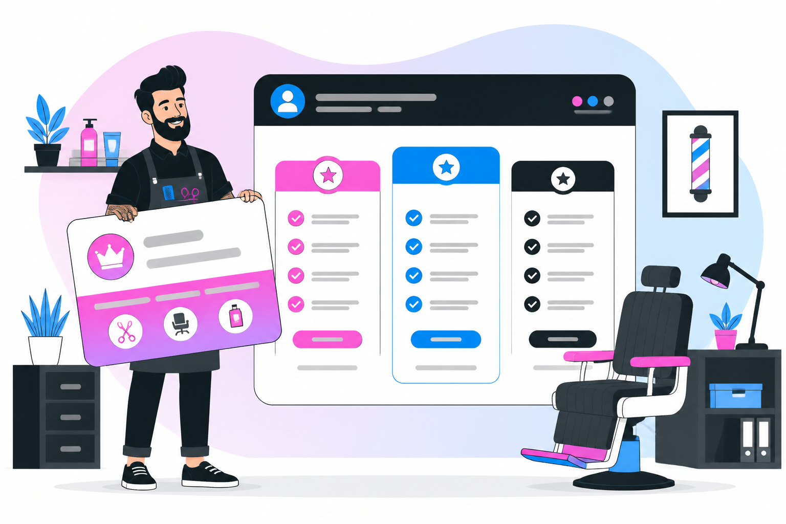 Illustration of barbershop membership — barbershop owner reviewing a membership plan dashboard, header image for "Barbershop Memberships: How Cut Clubs Work and What to Charge"