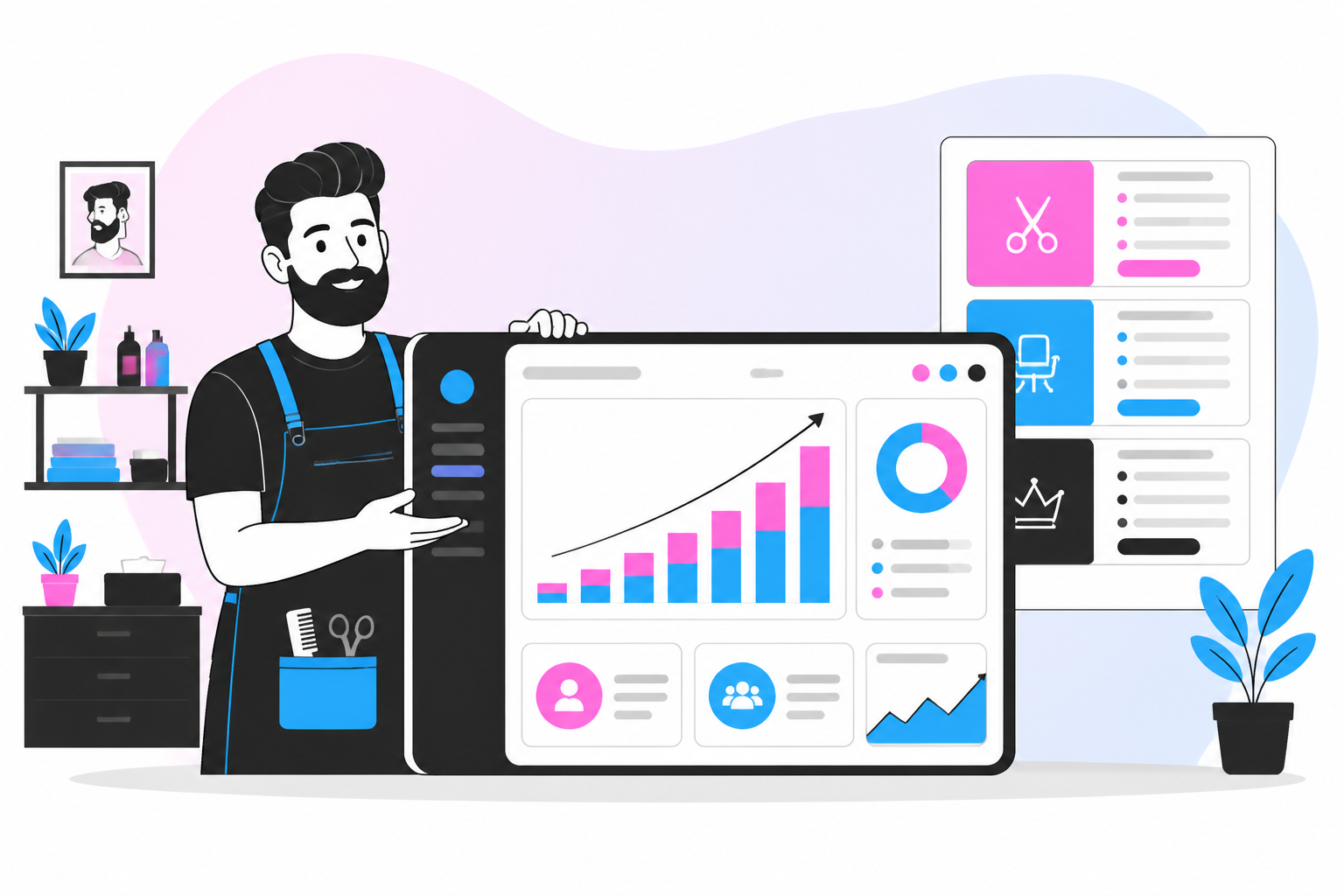 Illustration of barbershop pricing — barbershop owner reviewing a membership plan dashboard, header image for "Barbershop Pricing: How to Set Cut Prices and Membership Tiers"