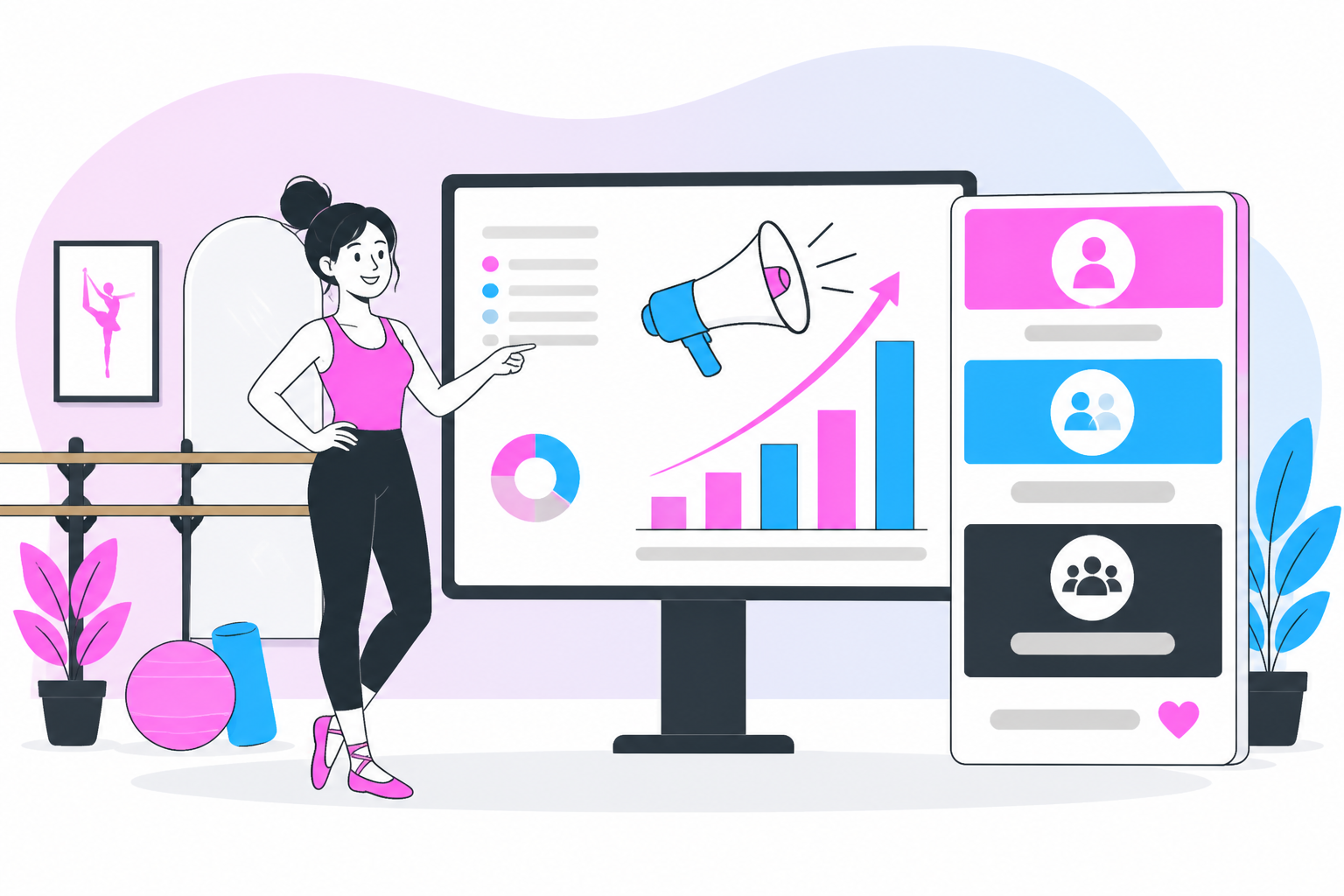Illustration of barre studio marketing ideas — studio owner reviewing a membership plan dashboard, header image for "Barre Studio Marketing Ideas That Actually Fill Memberships"