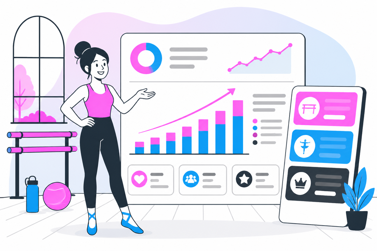 Illustration of barre studio member retention — studio owner reviewing a membership plan dashboard, header image for "Barre Studio Member Retention: What Actually Moves the Number"