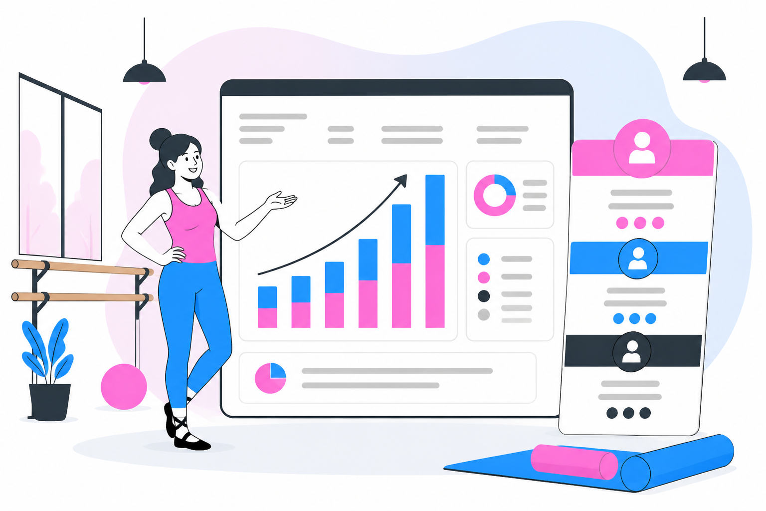 Illustration of barre studio membership pricing — studio owner reviewing a membership plan dashboard, header image for "Barre Studio Membership Pricing: A Practical Guide"