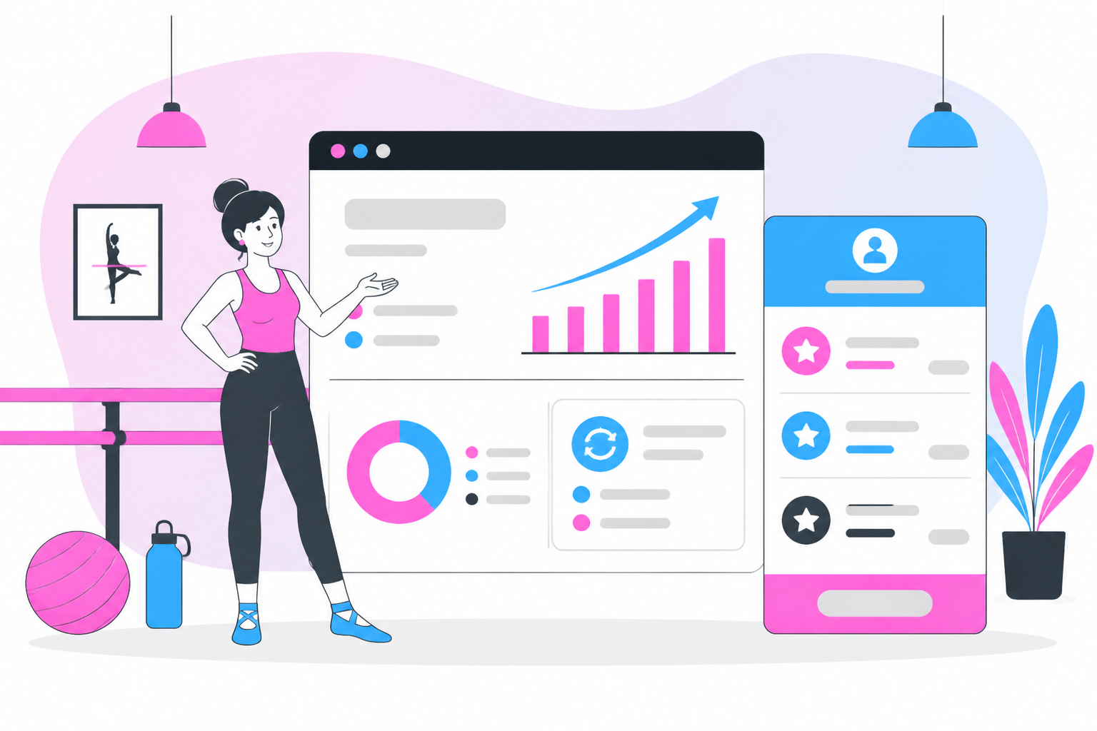 Illustration of barre studio recurring billing — studio owner reviewing a membership plan dashboard, header image for "Barre Studio Recurring Billing: Getting It Right"