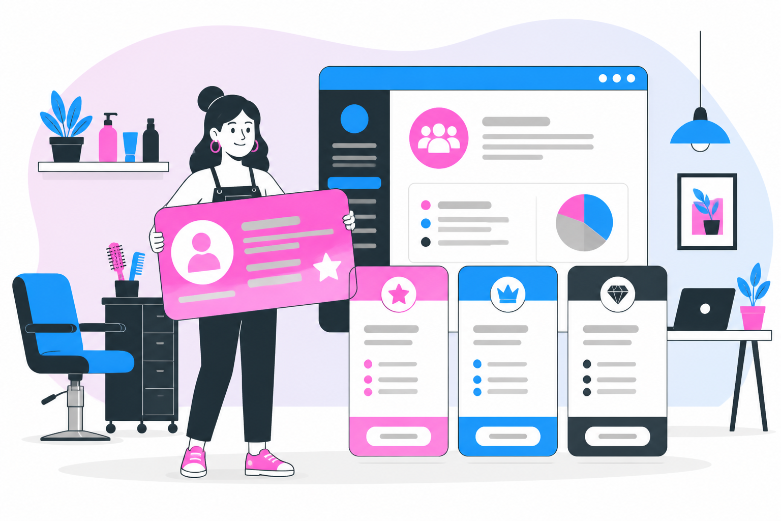 Illustration of booth rental salon membership — salon owner reviewing a membership plan dashboard, header image for "Memberships for Booth Rental and Salon Suite Owners"