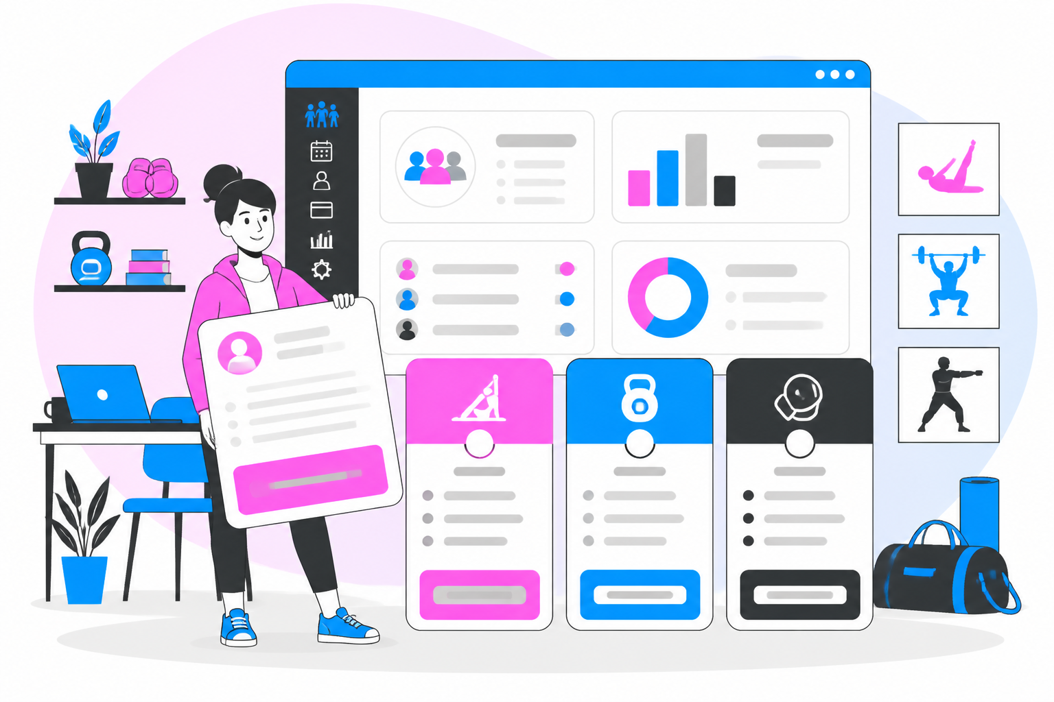 Illustration of boutique studio membership software — studio owner reviewing a membership plan dashboard, header image for "Boutique Studio Membership Software: A Guide for Pilates, CrossFit, Boxing & Martial Arts Owners"
