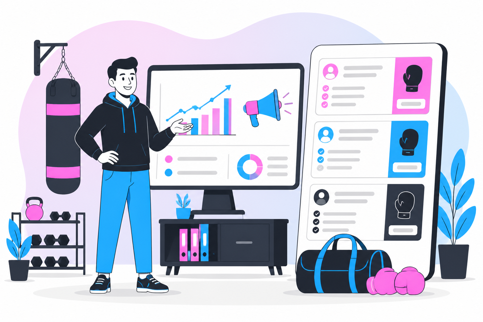 Illustration of boxing gym marketing — gym owner reviewing a membership plan dashboard, header image for "Boxing Gym Marketing: Why Retention Is Cheaper Than New Leads"