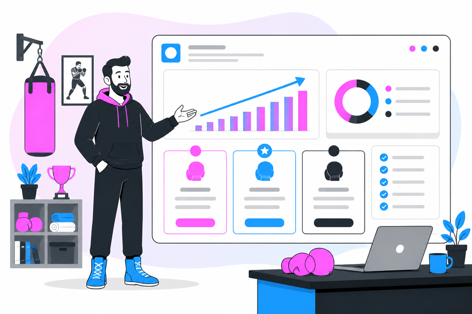Illustration of boxing gym membership pricing — gym owner reviewing a membership plan dashboard, header image for "How to Price Boxing Gym Memberships Without Guessing"