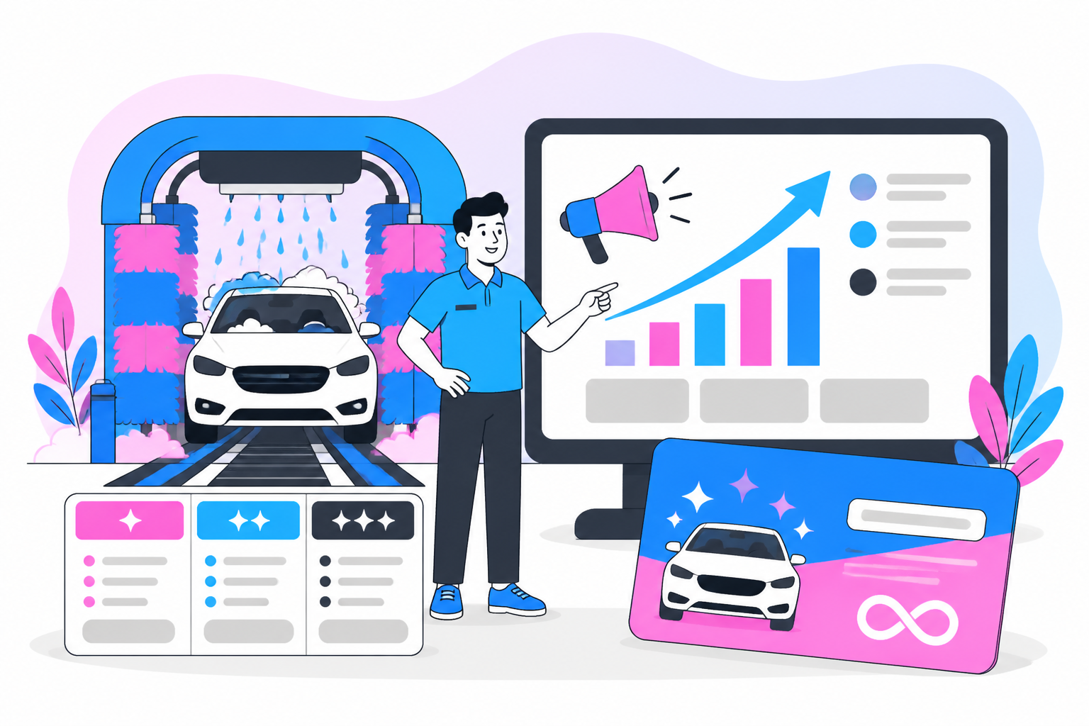 Illustration of car wash membership marketing — wash owner reviewing a membership plan dashboard, header image for "Car Wash Membership Marketing: Turning Retail Washes Into Recurring Members"