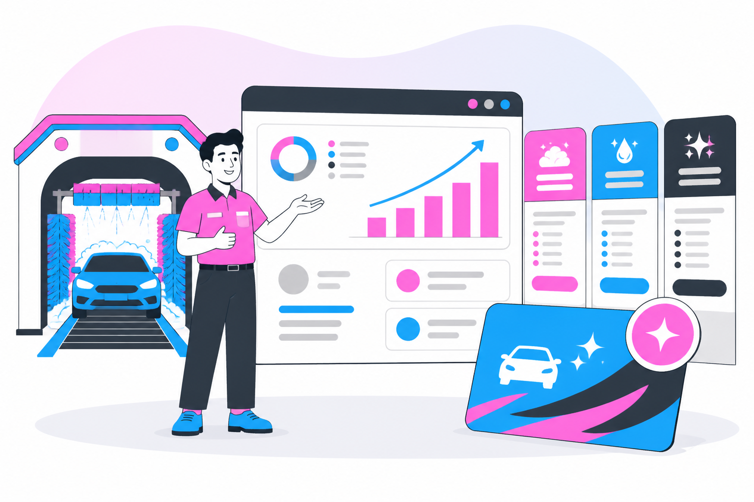 Illustration of car wash membership pricing — wash owner reviewing a membership plan dashboard, header image for "Car Wash Membership Pricing: How to Set Tiers That Actually Convert"