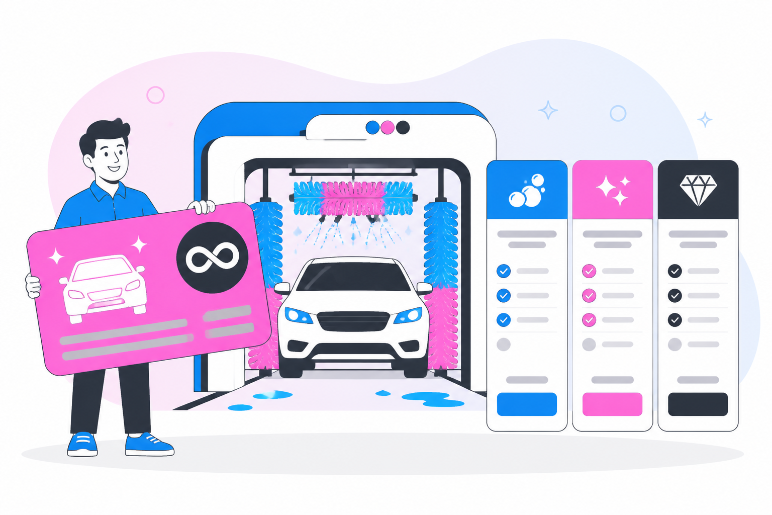 Illustration of car wash membership retention — wash owner reviewing a membership plan dashboard, header image for "Car Wash Membership Retention: How to Stop Losing Unlimited Club Members"