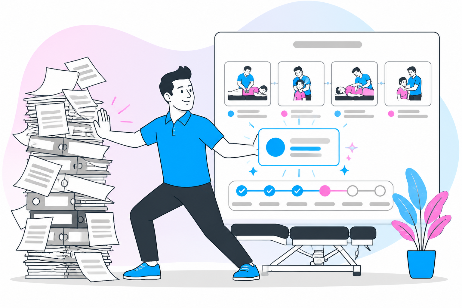 Illustration of cash based chiropractic practice — practice owner reviewing a membership plan dashboard, header image for "Cash-Based Chiropractic: Cutting Insurance Dependence Without Losing Patients"