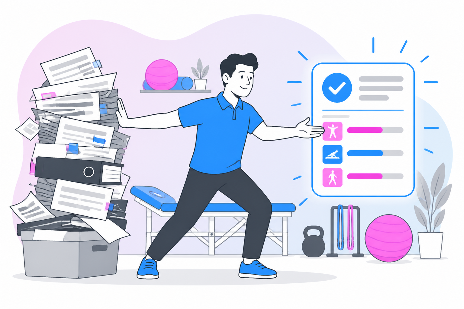 Illustration of cash pay physical therapy — clinic owner reviewing a membership plan dashboard, header image for "Cash Pay Physical Therapy vs. Insurance: What to Consider"