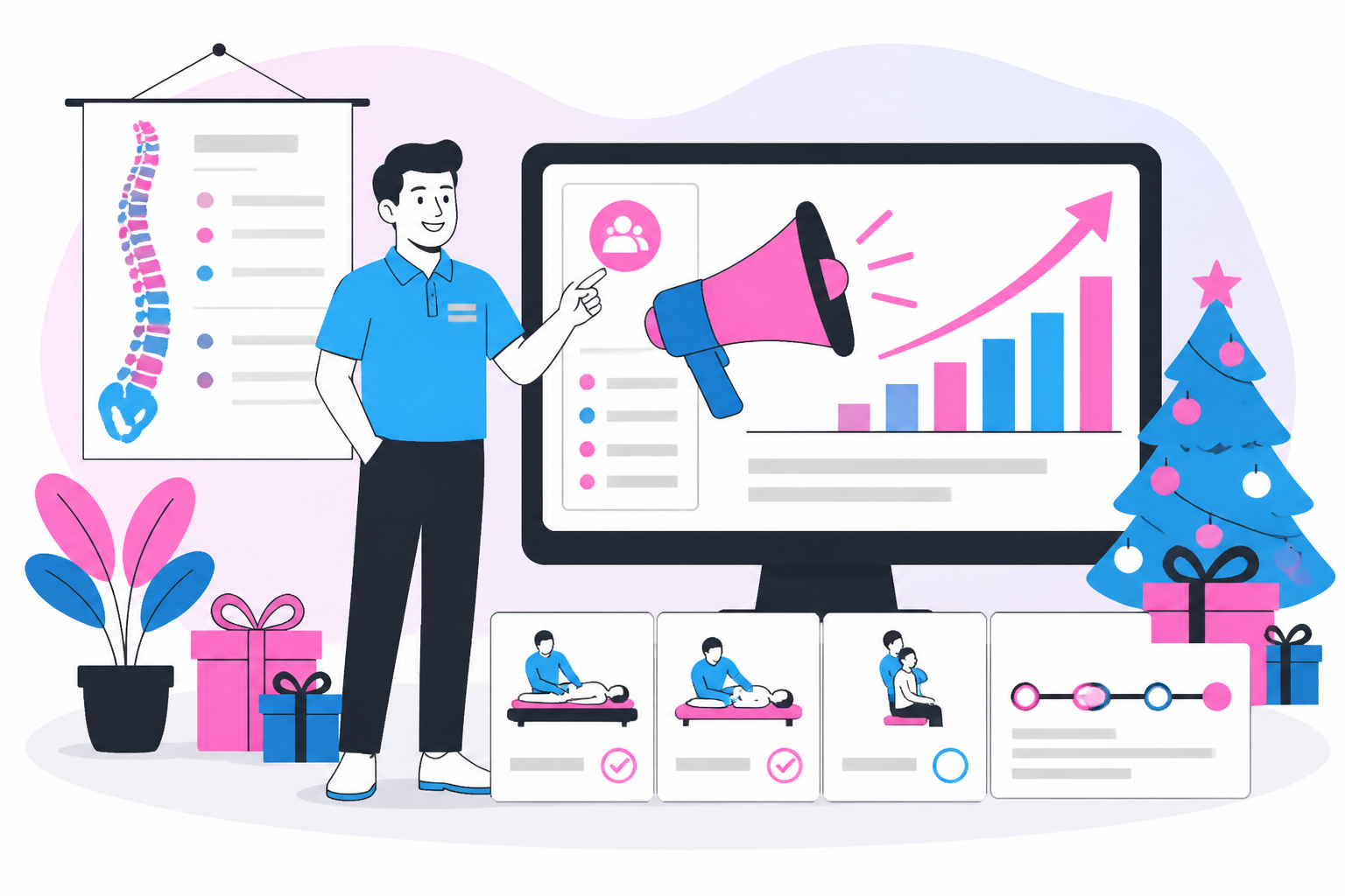 Illustration of chiropractic holiday marketing that sells how — practice owner reviewing a membership plan dashboard, header image for "Chiropractic Holiday Marketing That Sells: How Membership Plans Boost Revenue 2X–4X"