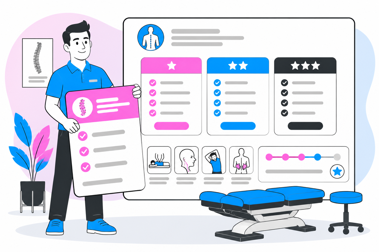 Illustration of chiropractic membership program — practice owner reviewing a membership plan dashboard, header image for "How to Start a Chiropractic Membership Program"