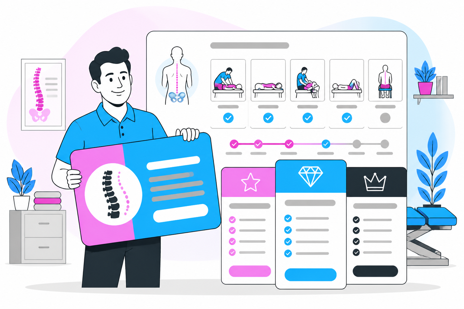 Illustration of chiropractic membership program — practice owner reviewing a membership plan dashboard, header image for "How to Launch a Chiropractic Membership Program: The Complete Playbook"