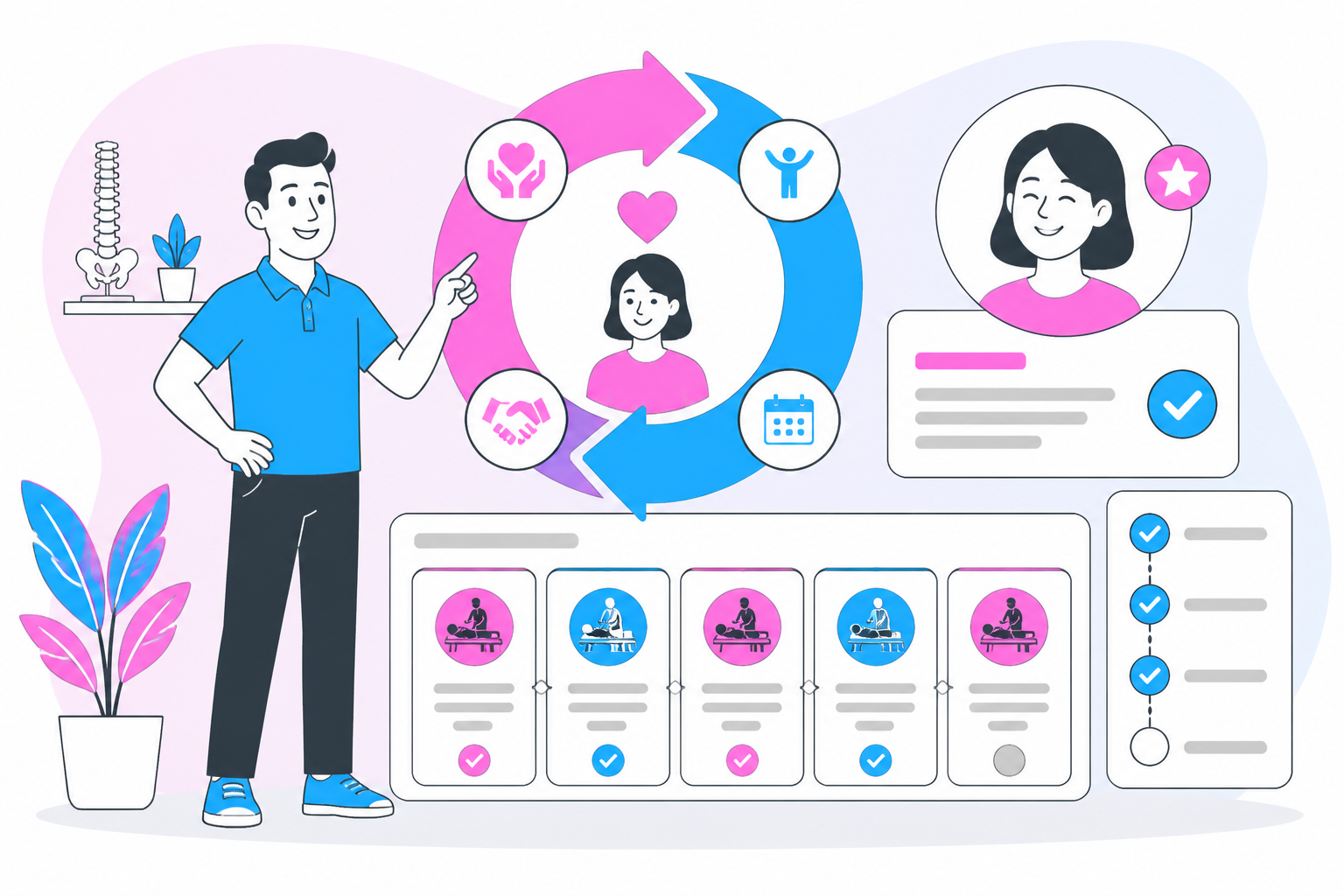 Illustration of chiropractic patient retention — practice owner reviewing a membership plan dashboard, header image for "Chiropractic Patient Retention Strategies"