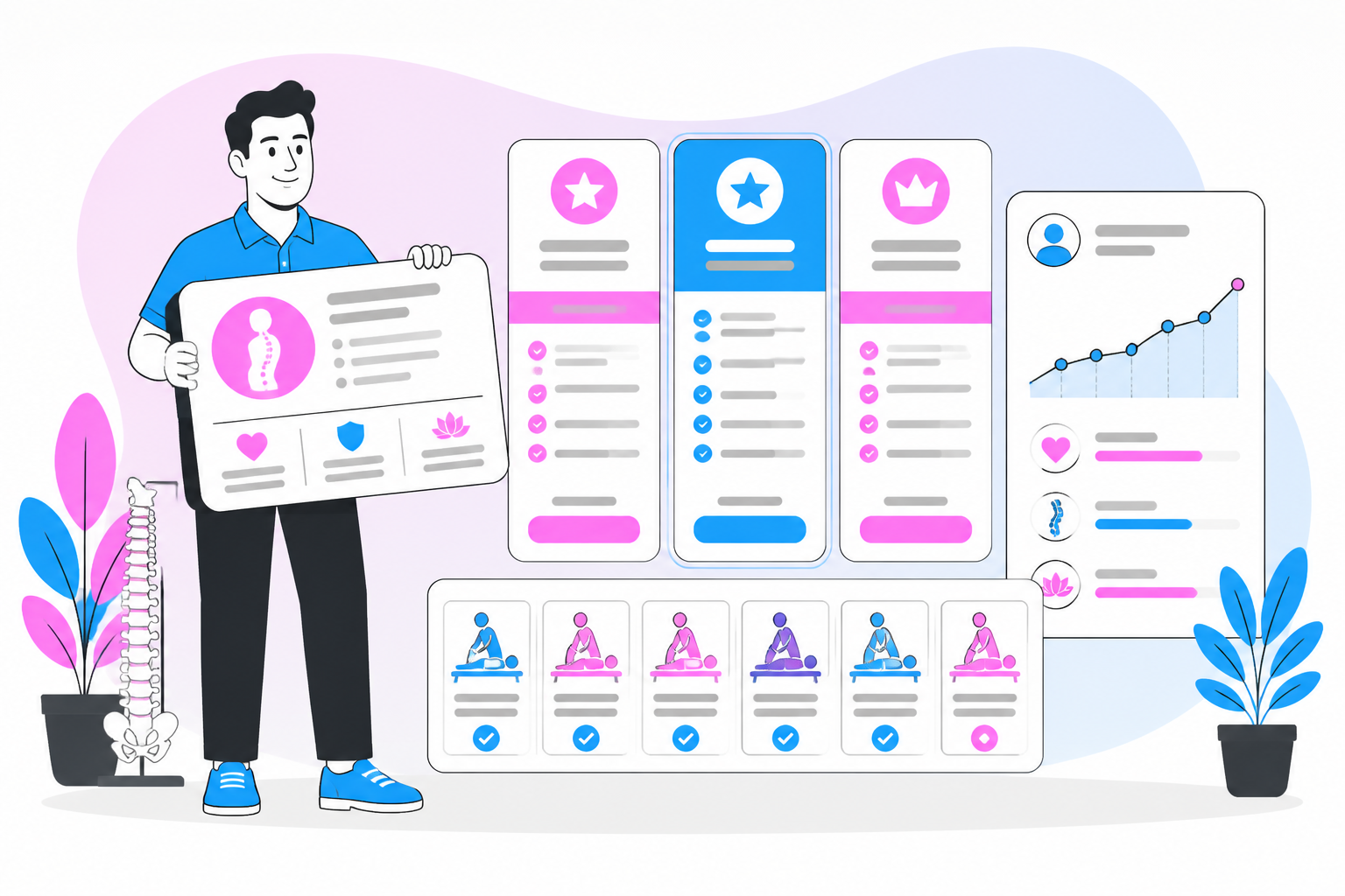 Illustration of chiropractic wellness plan — practice owner reviewing a membership plan dashboard, header image for "Chiropractic Wellness Plan Examples Patients Actually Buy"