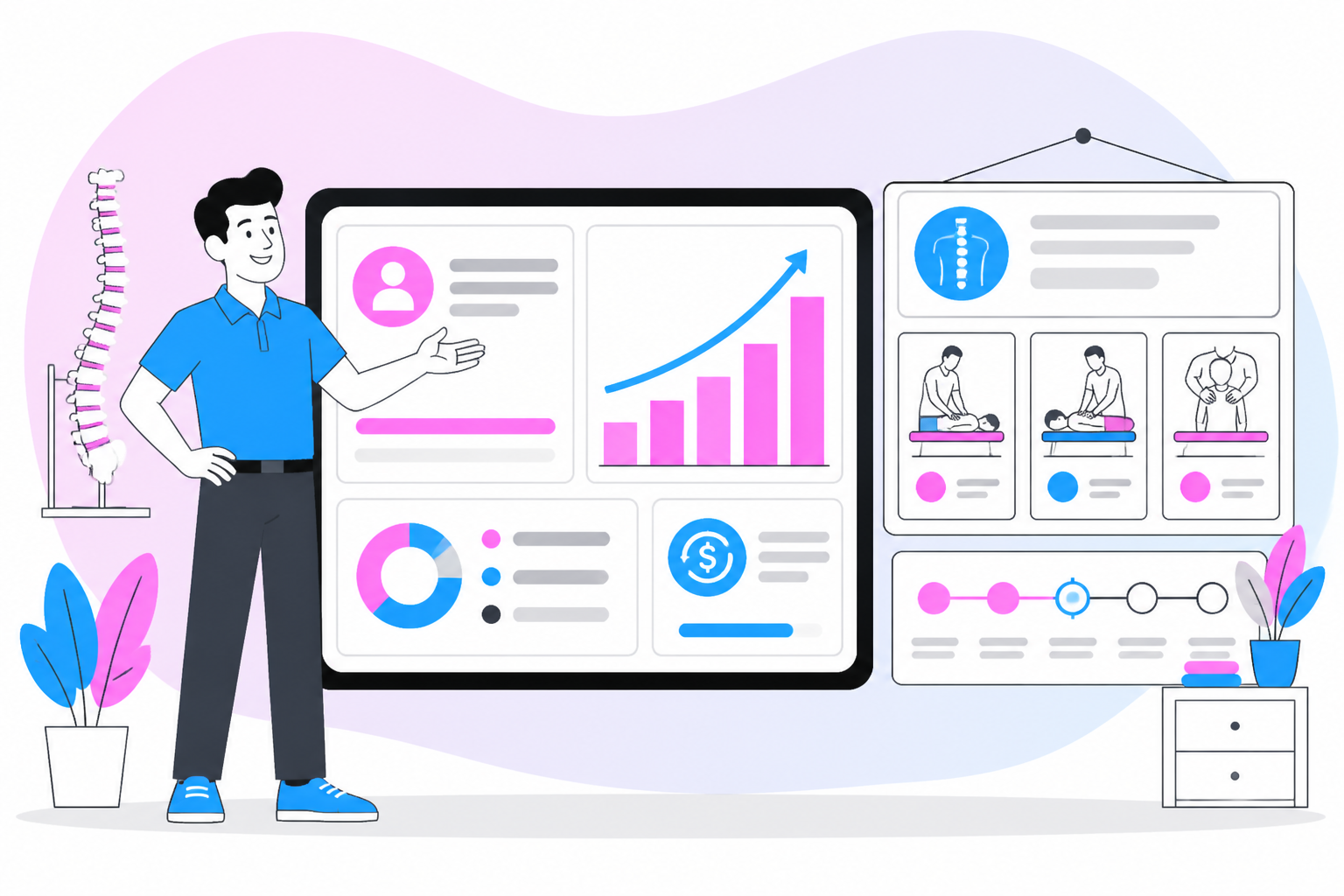Illustration of chiropractic wellness plan pricing — practice owner reviewing a membership plan dashboard, header image for "How Much Does an Unlimited Chiropractic Membership Cost?"