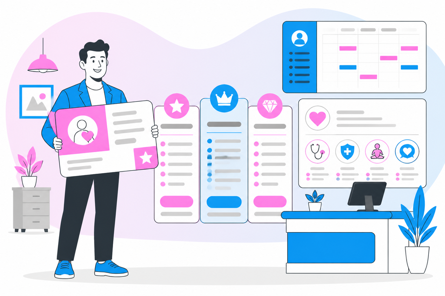 Illustration of concierge medicine membership — practice owner reviewing a membership plan dashboard, header image for "Concierge Medicine Memberships: What They Are and How to Bill Them"