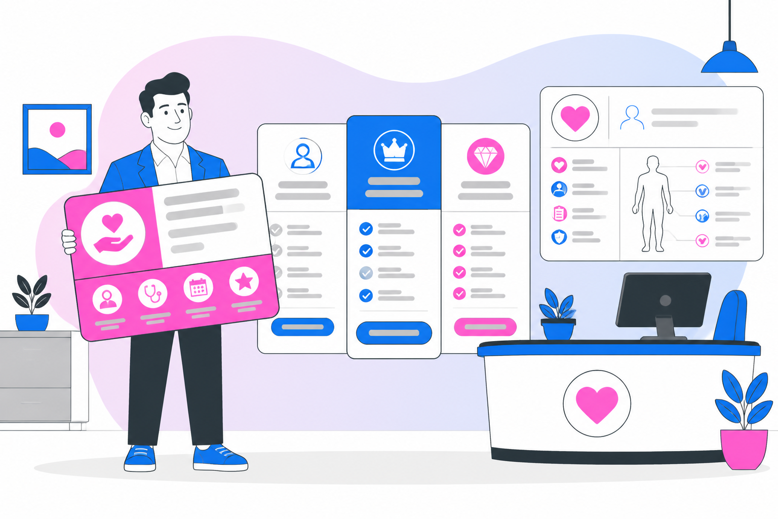 Illustration of concierge medicine membership platform — practice owner reviewing a membership plan dashboard, header image for "Concierge Medicine Membership Platform Buyer's Guide"
