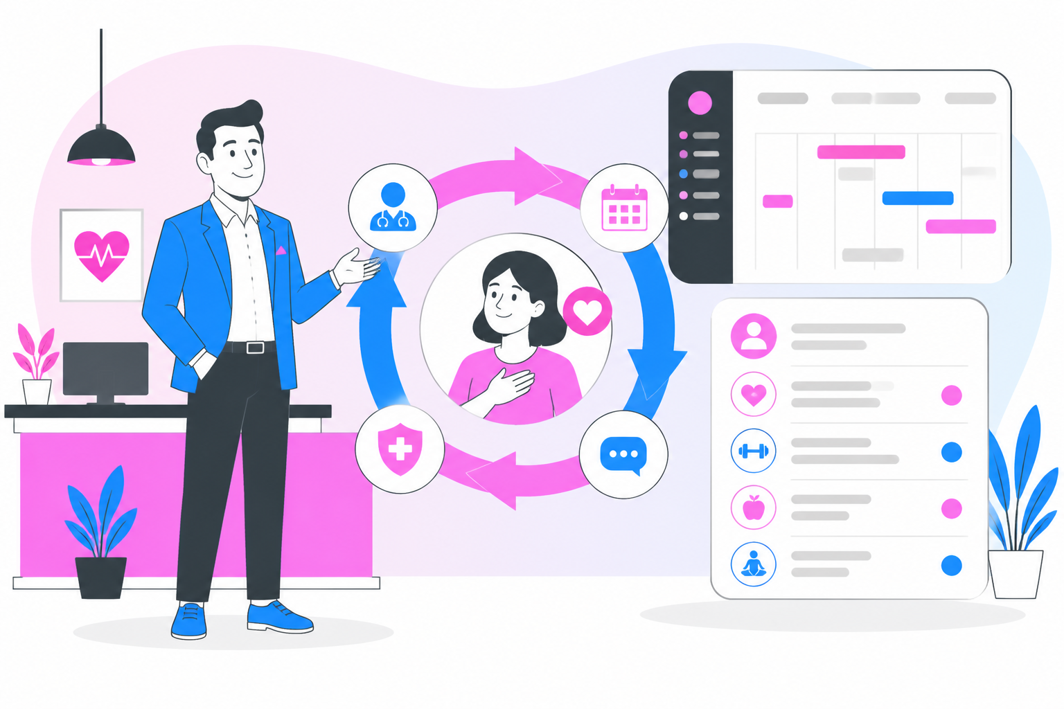 Illustration of concierge medicine patient retention — practice owner reviewing a membership plan dashboard, header image for "Concierge Medicine Patient Retention: Keeping Members Engaged"