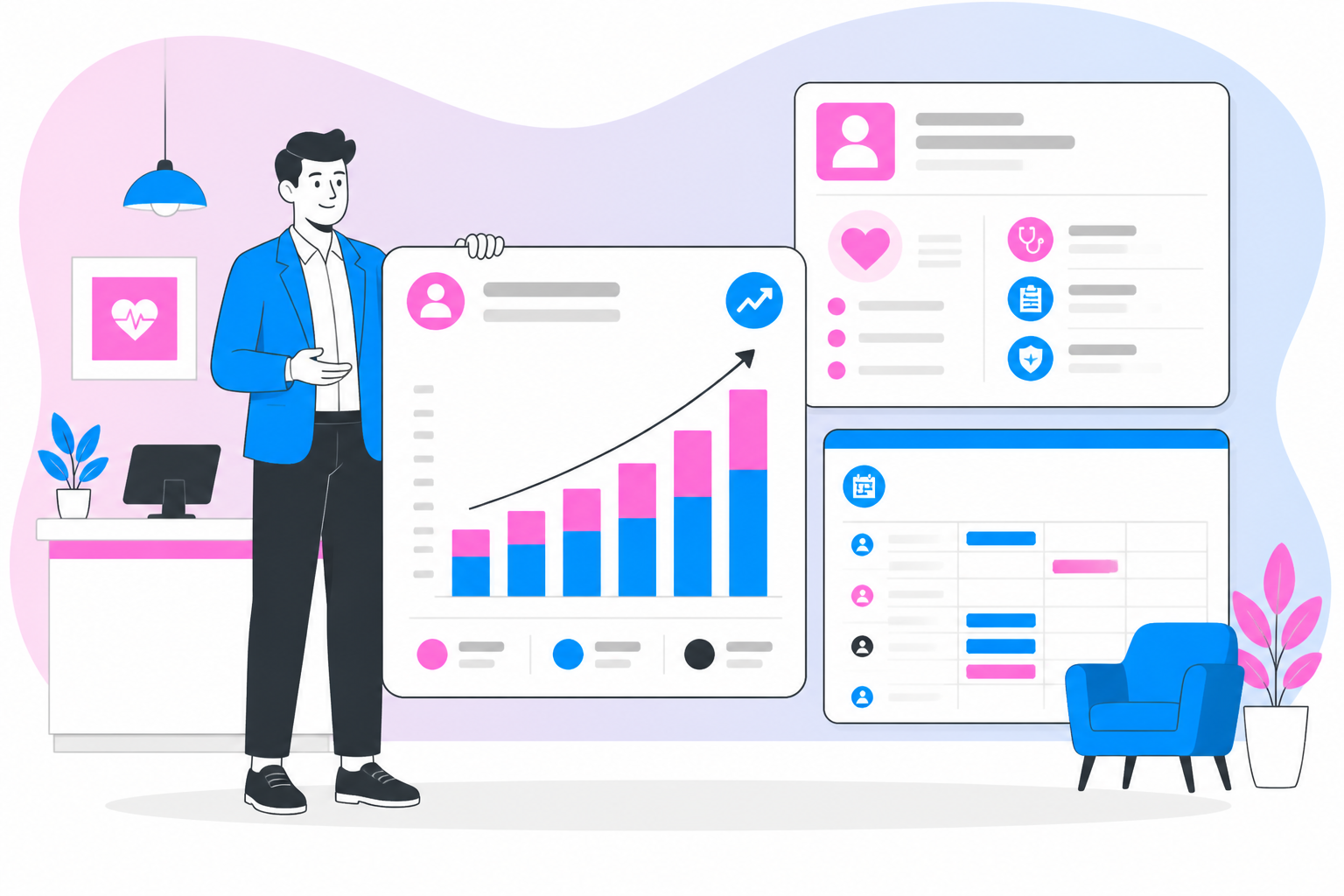 Illustration of concierge medicine pricing models — practice owner reviewing a membership plan dashboard, header image for "Concierge Medicine Pricing Models: Monthly, Annual, and Hybrid Fees"