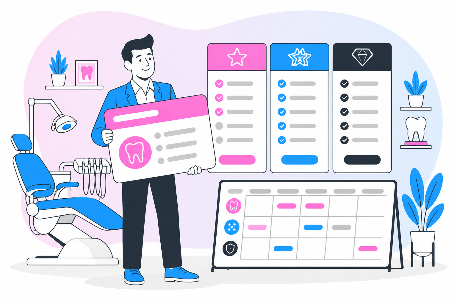 Illustration of create grow dental membership program — business owner reviewing a membership plan dashboard, header image for "How to create and grow a dental membership program – ebook"