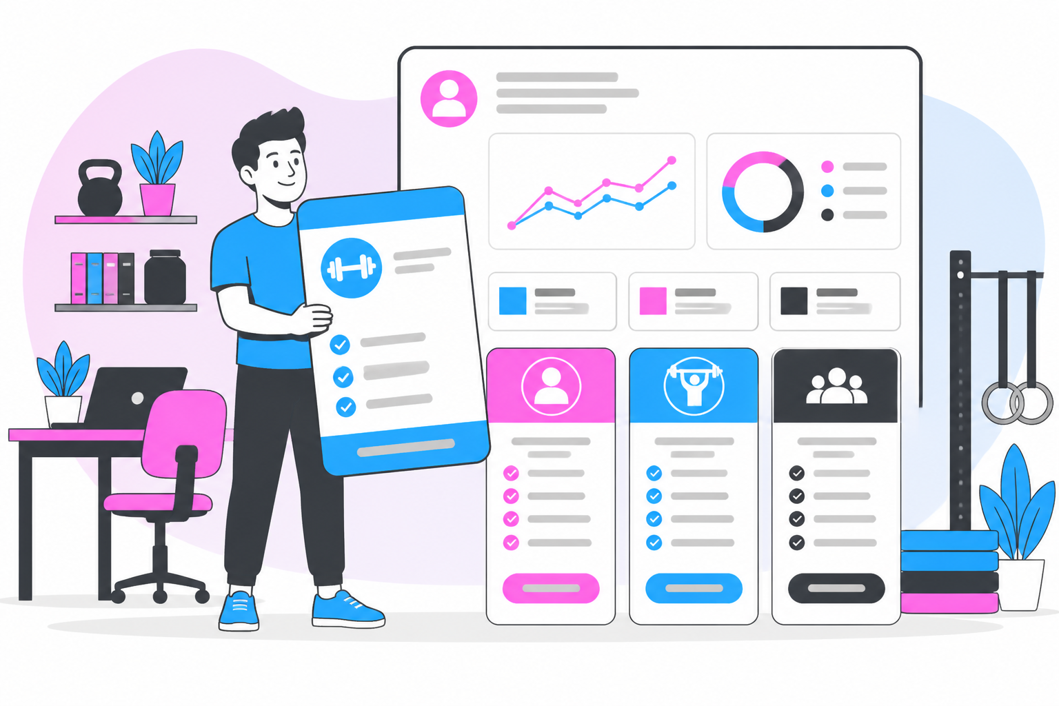 Illustration of crossfit drop in vs membership — box owner reviewing a membership plan dashboard, header image for "CrossFit Drop-In vs Membership: Which Should You Push, and How to Bill Both"