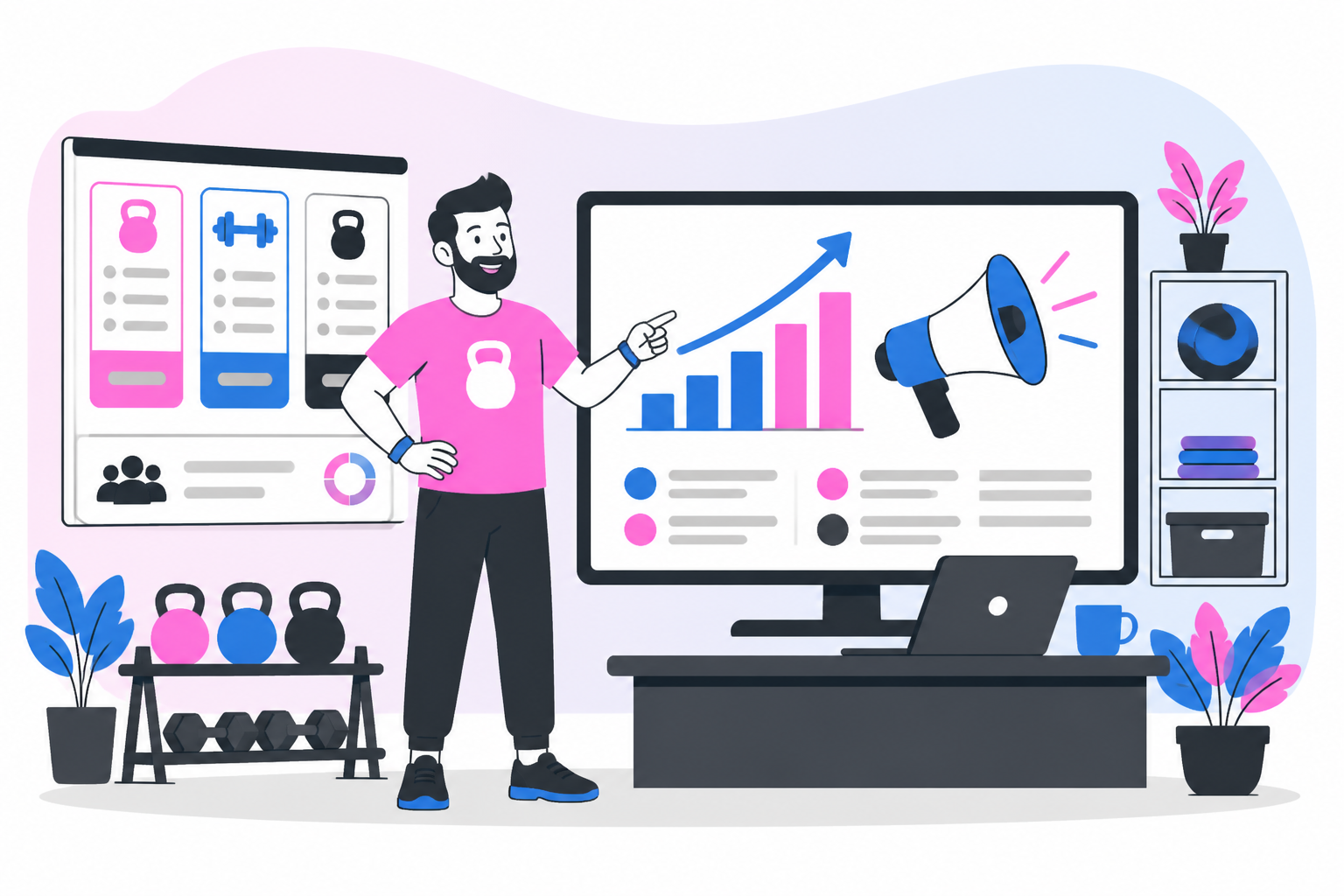 Illustration of crossfit gym marketing — box owner reviewing a membership plan dashboard, header image for "CrossFit Gym Marketing: What to Do Before You Spend on Ads"