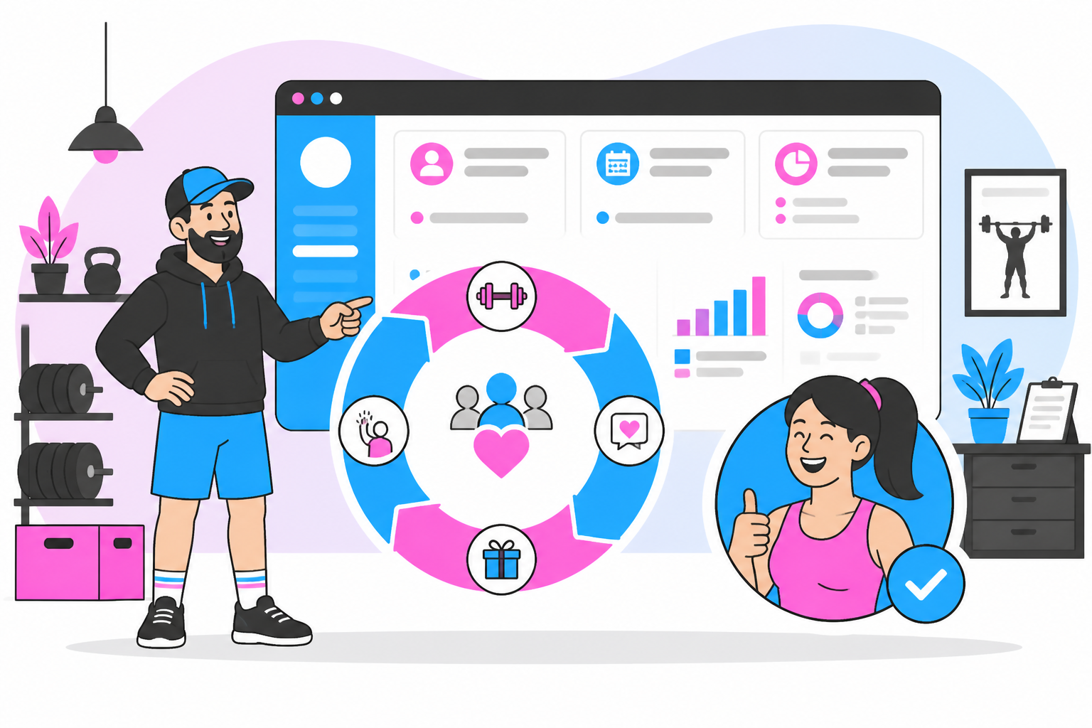 Illustration of crossfit member retention — box owner reviewing a membership plan dashboard, header image for "CrossFit Member Retention: The Strategies That Actually Move the Needle"