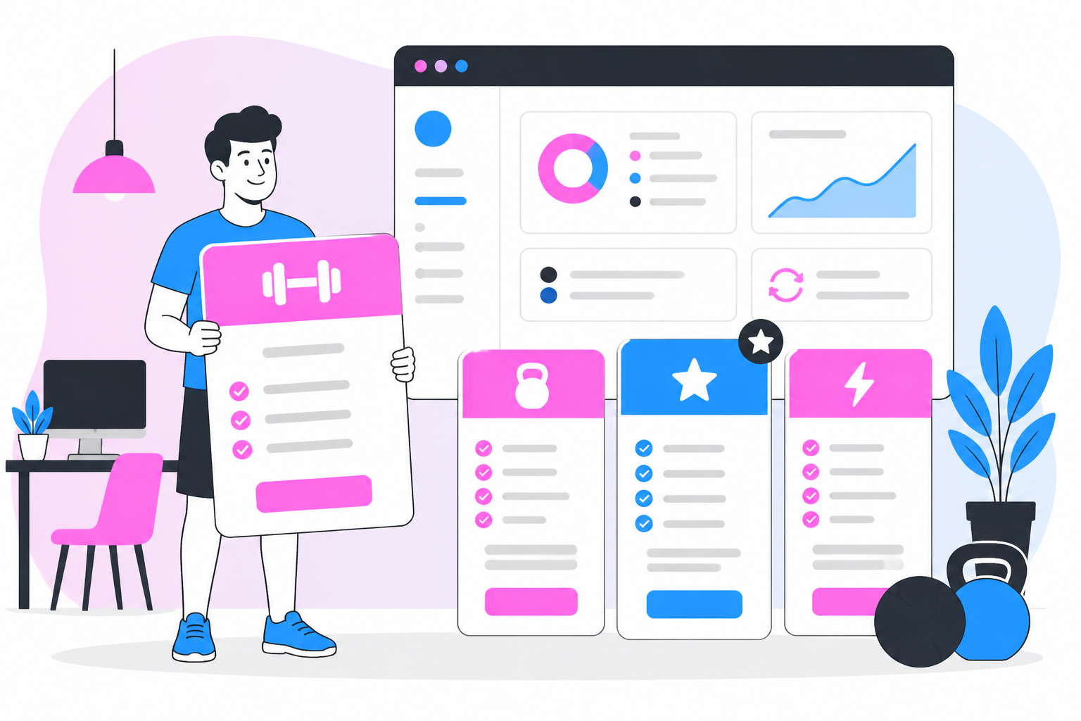 Illustration of crossfit membership software — box owner reviewing a membership plan dashboard, header image for "CrossFit Membership Software: Retain Members With Recurring Billing"