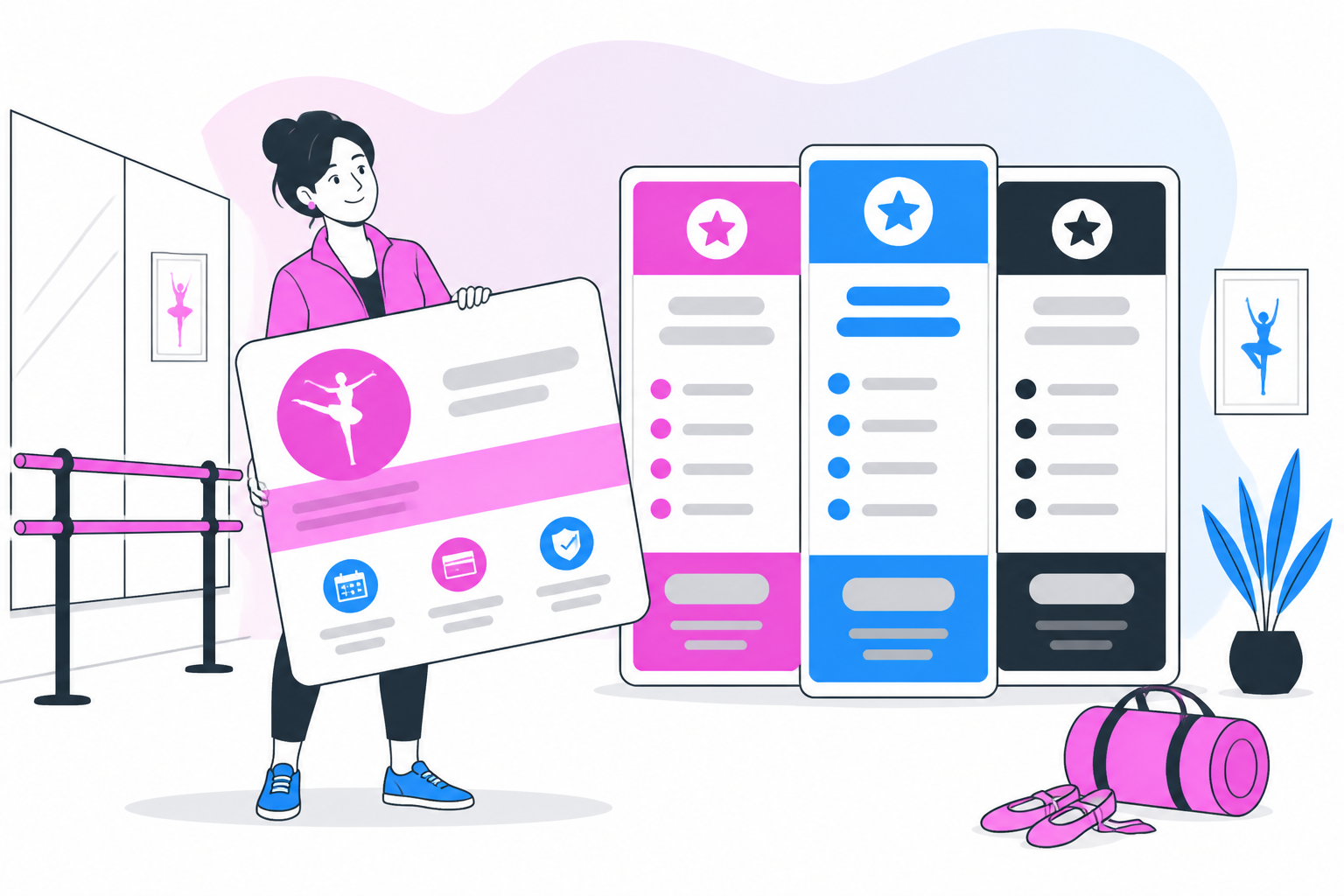 Illustration of dance studio billing software — business owner reviewing a membership plan dashboard, header image for "What Dance Studio Billing Software Should Actually Do for Tuition Collection"