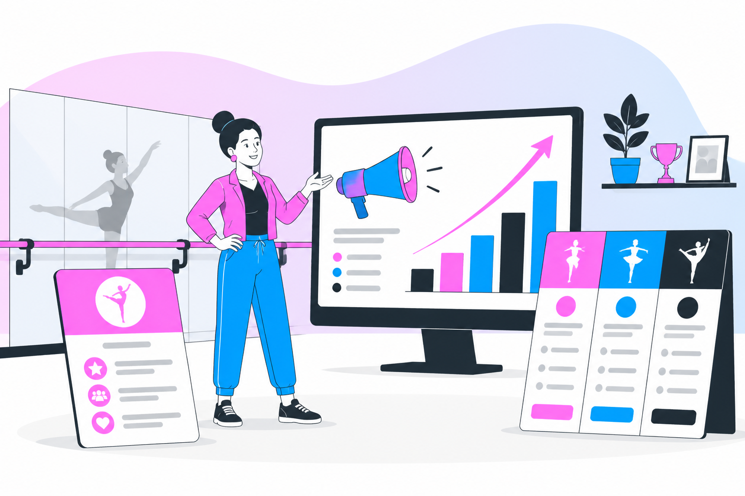 Illustration of dance studio marketing ideas — business owner reviewing a membership plan dashboard, header image for "Dance Studio Marketing Ideas That Actually Fill Membership Tiers"