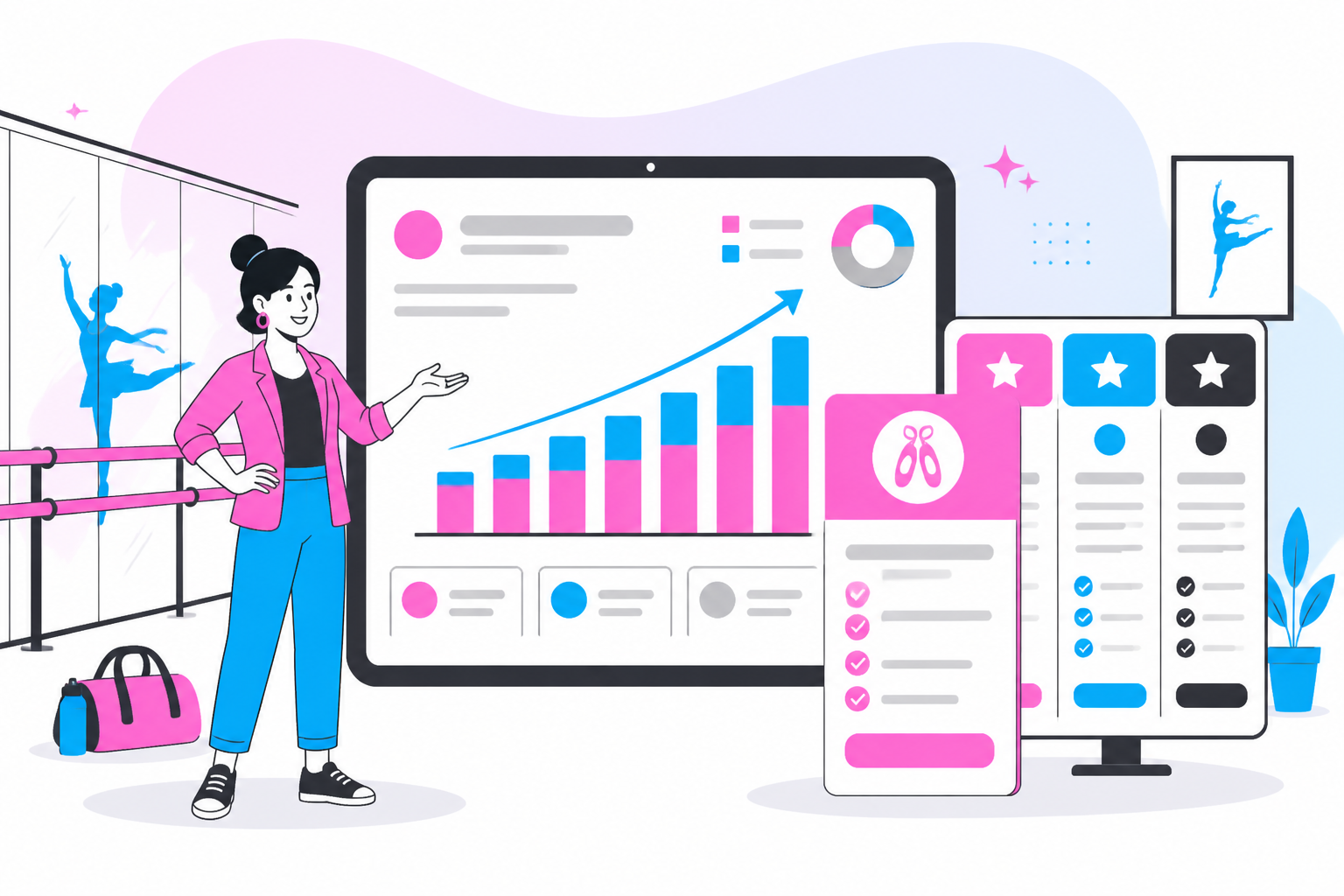 Illustration of dance studio membership pricing — business owner reviewing a membership plan dashboard, header image for "Dance Studio Membership Pricing: How to Set Tuition Tiers Families Will Actually Choose"