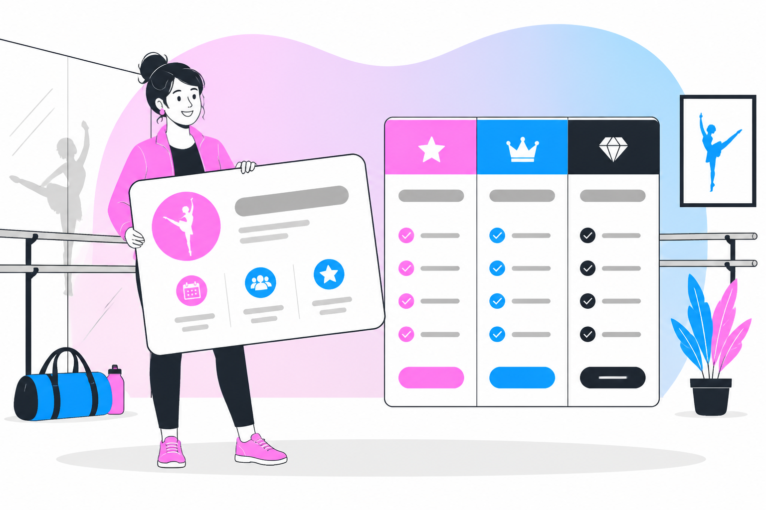 Illustration of dance studio student retention — business owner reviewing a membership plan dashboard, header image for "Dance Studio Student Retention: Keeping Dancers Enrolled Beyond Recital Season"