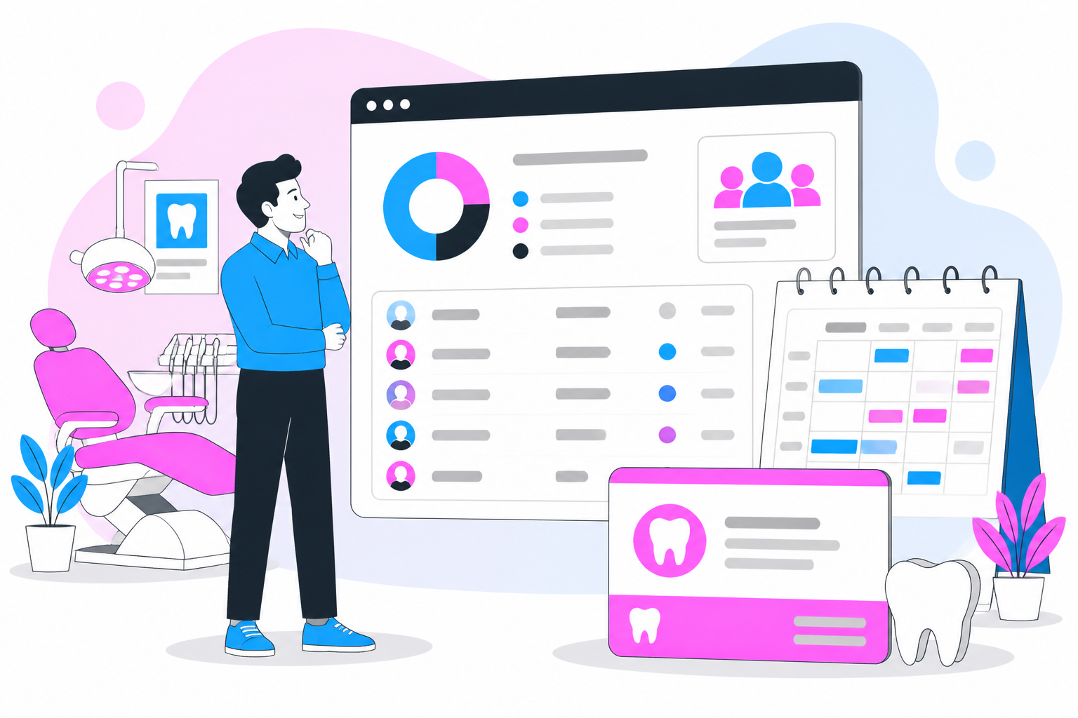 Illustration of dashboard 2025 — business owner reviewing a membership plan dashboard, header image for "Dashboard 2025"