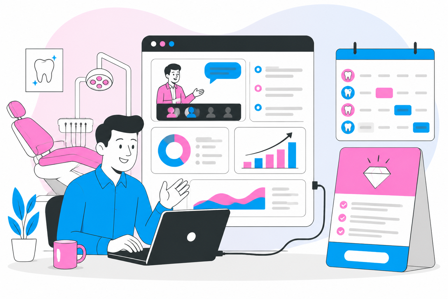 Illustration of dental chair increase your — business owner reviewing a membership plan dashboard, header image for "Escape the Dental Chair & Increase Your Income Webinar"