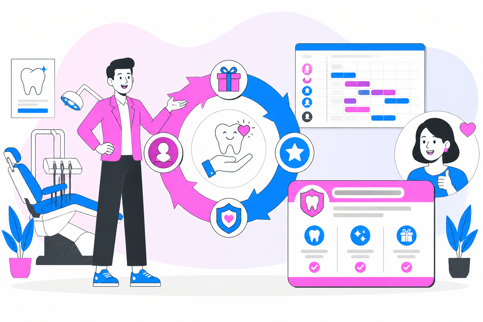 Illustration of dental loyalty programs for patients — business owner reviewing a membership plan dashboard, header image for "Boost Retention: Dental Loyalty Programs for Patients"