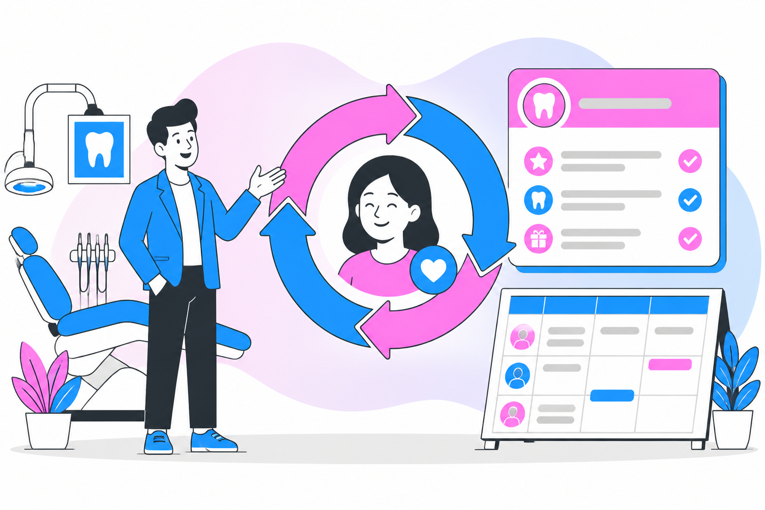 Illustration of dental patient retention tools — business owner reviewing a membership plan dashboard, header image for "Unlock More Patients: Top Dental Patient Retention Tools"