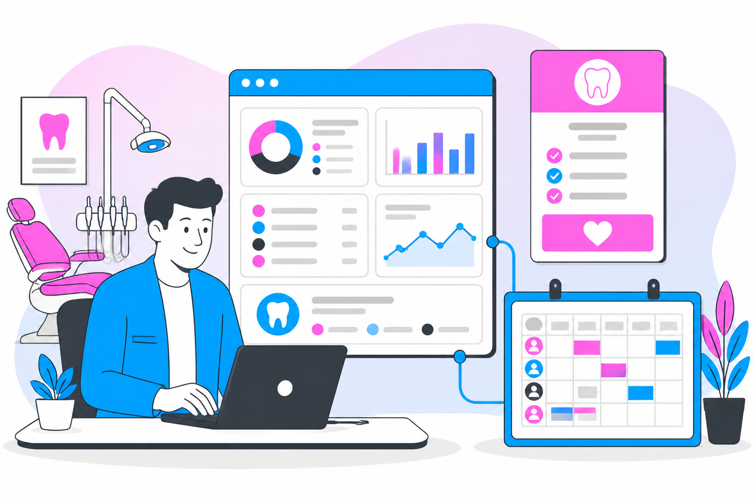 Illustration of dental payment cycle management software — business owner reviewing a membership plan dashboard, header image for "Dental Payment Cycle Management Software"