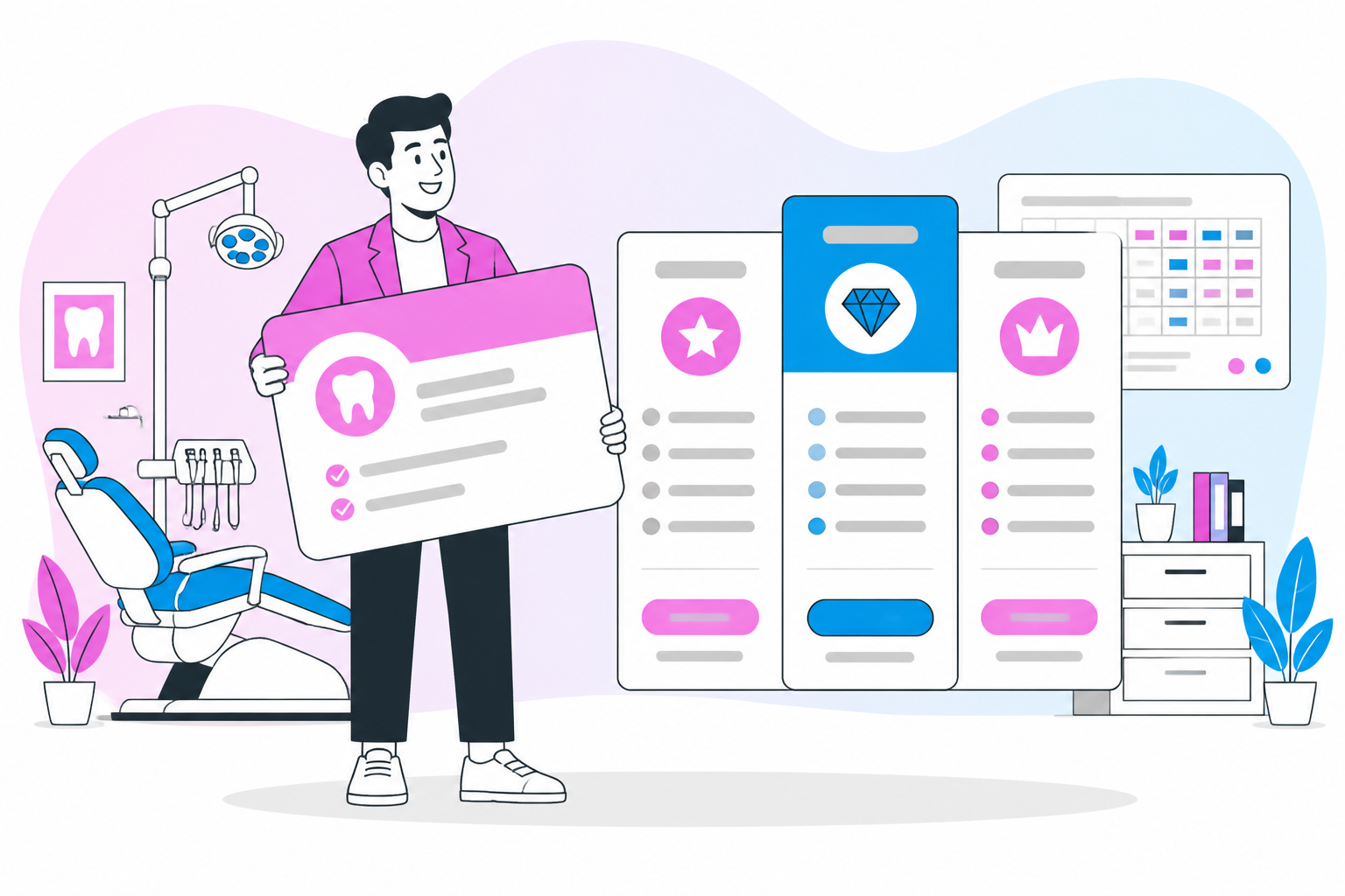 Illustration of dental practice subscription platform — business owner reviewing a membership plan dashboard, header image for "Boost Your Practice: The Best Dental Practice Subscription Platform"