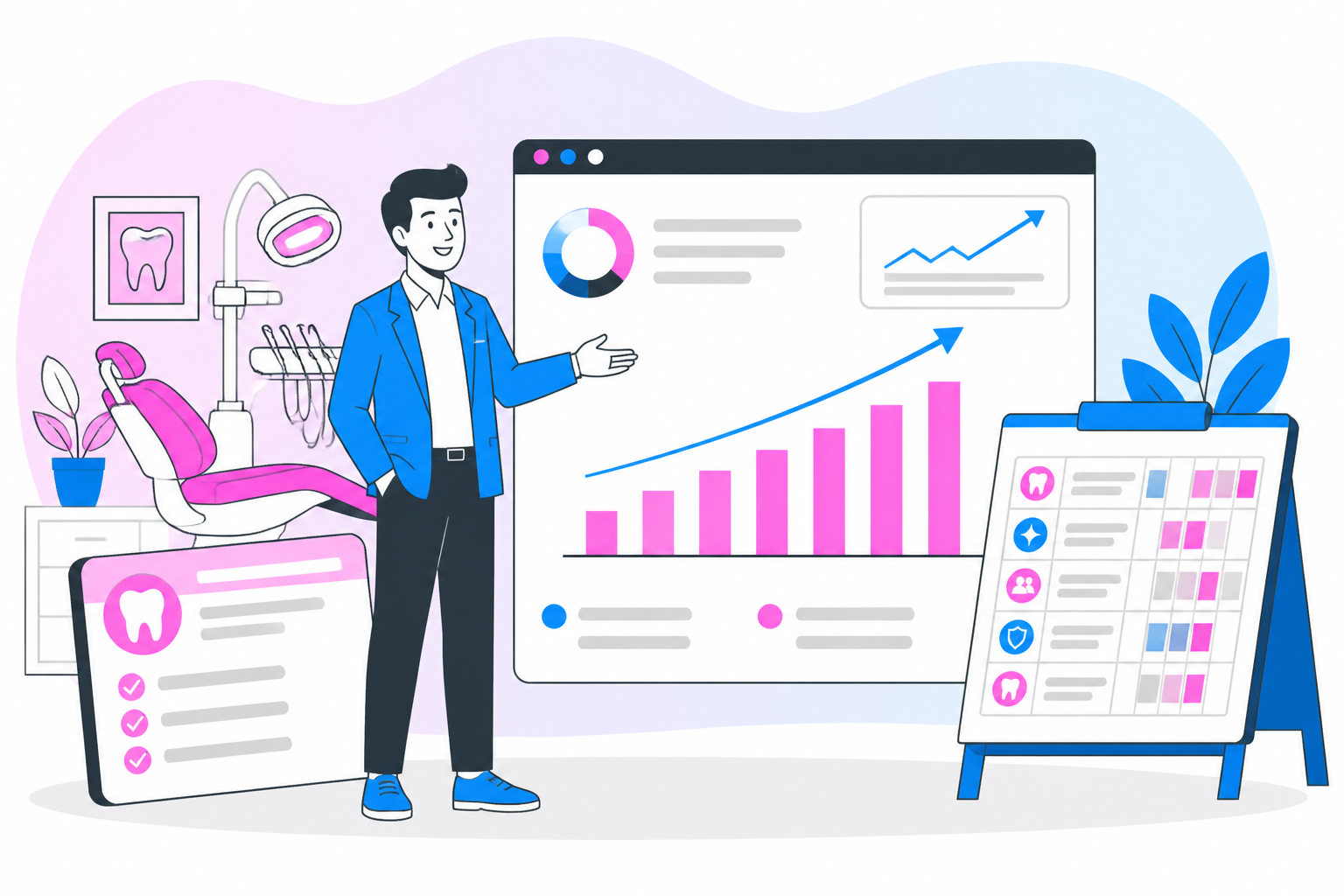 Illustration of dental savings plan in gilbert az — business owner reviewing a membership plan dashboard, header image for "How to Save Money with a Dental Savings Plan in Gilbert, AZ"