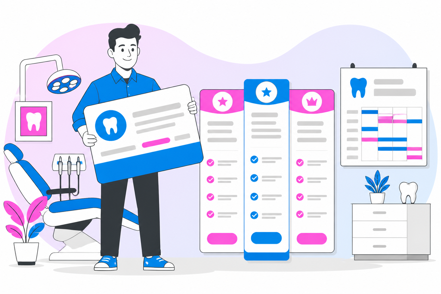 Illustration of dental savings plan in lubbock tx — business owner reviewing a membership plan dashboard, header image for "Save Big: Dental Savings Plan in Lubbock TX"