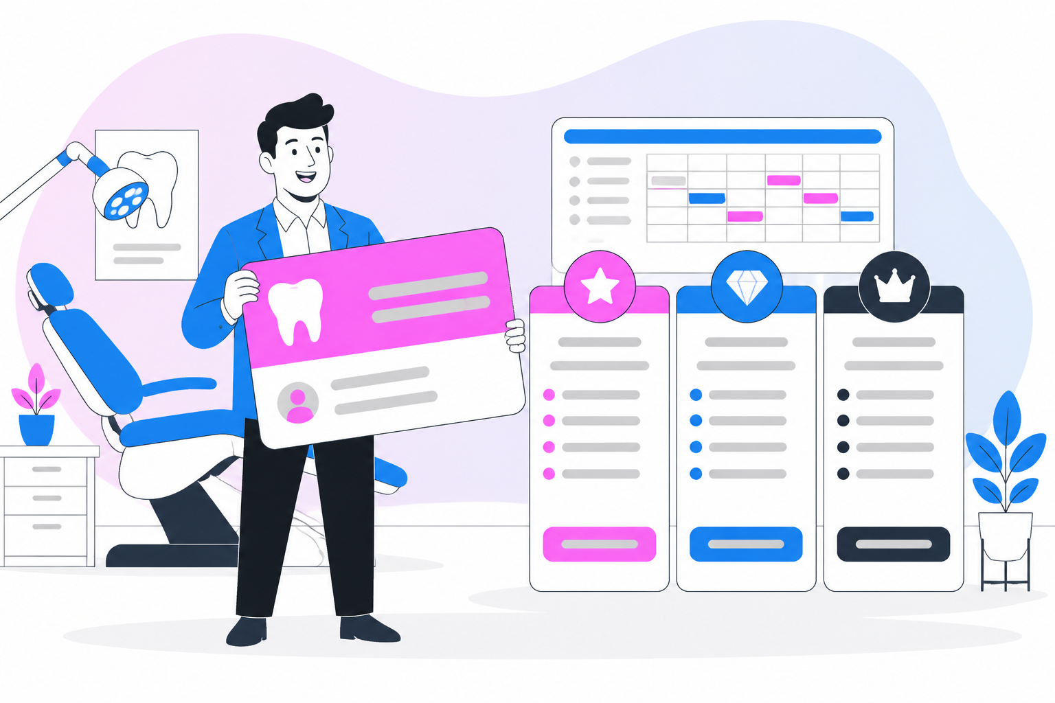 Illustration of dental savings plan in plano tx — business owner reviewing a membership plan dashboard, header image for "How to Find the Best Dental Savings Plan in Plano TX for Your Family"