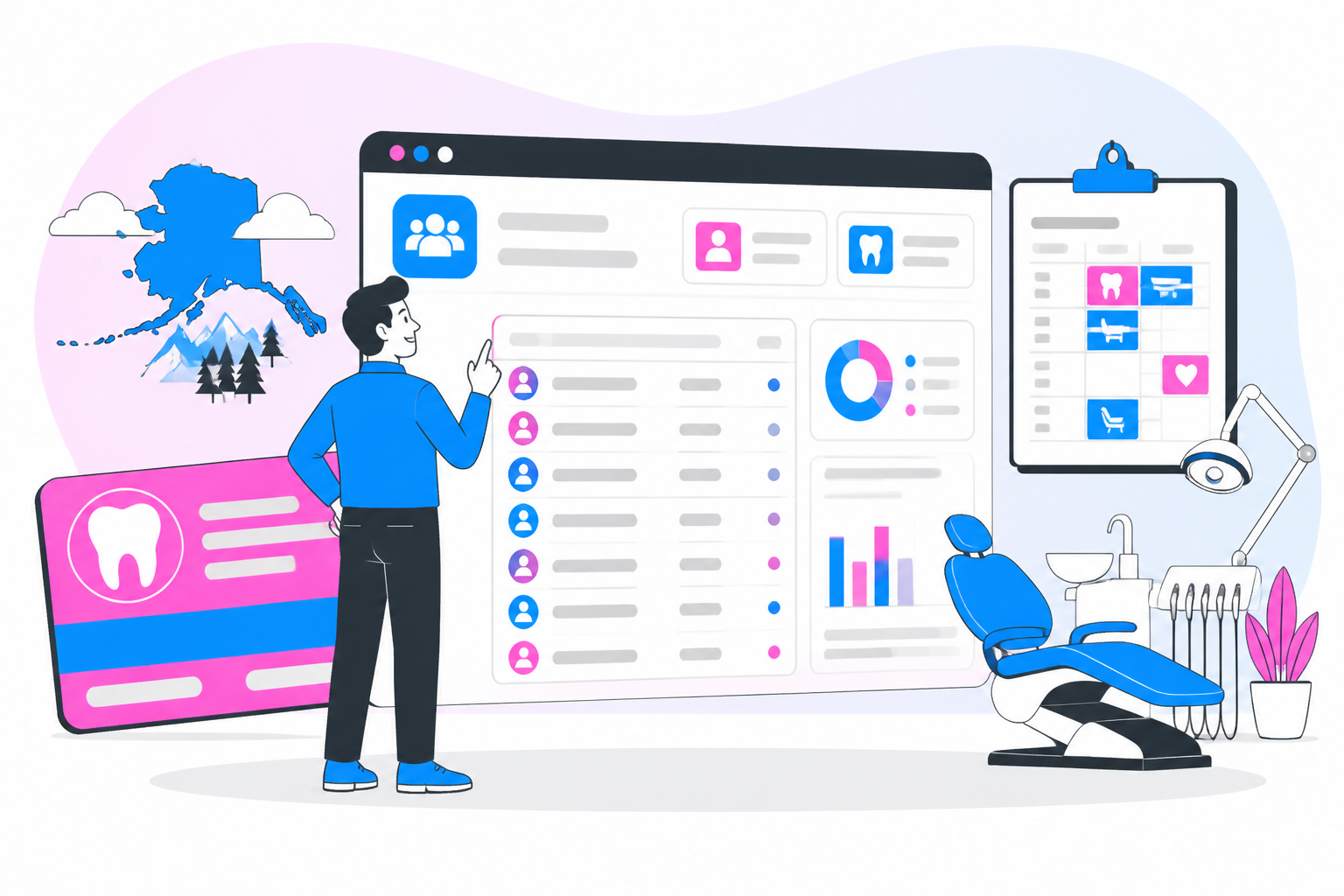Illustration of dentist for uninsured alaska — business owner reviewing a membership plan dashboard, header image for "Affordable Dentist for Uninsured Alaska? YES!"